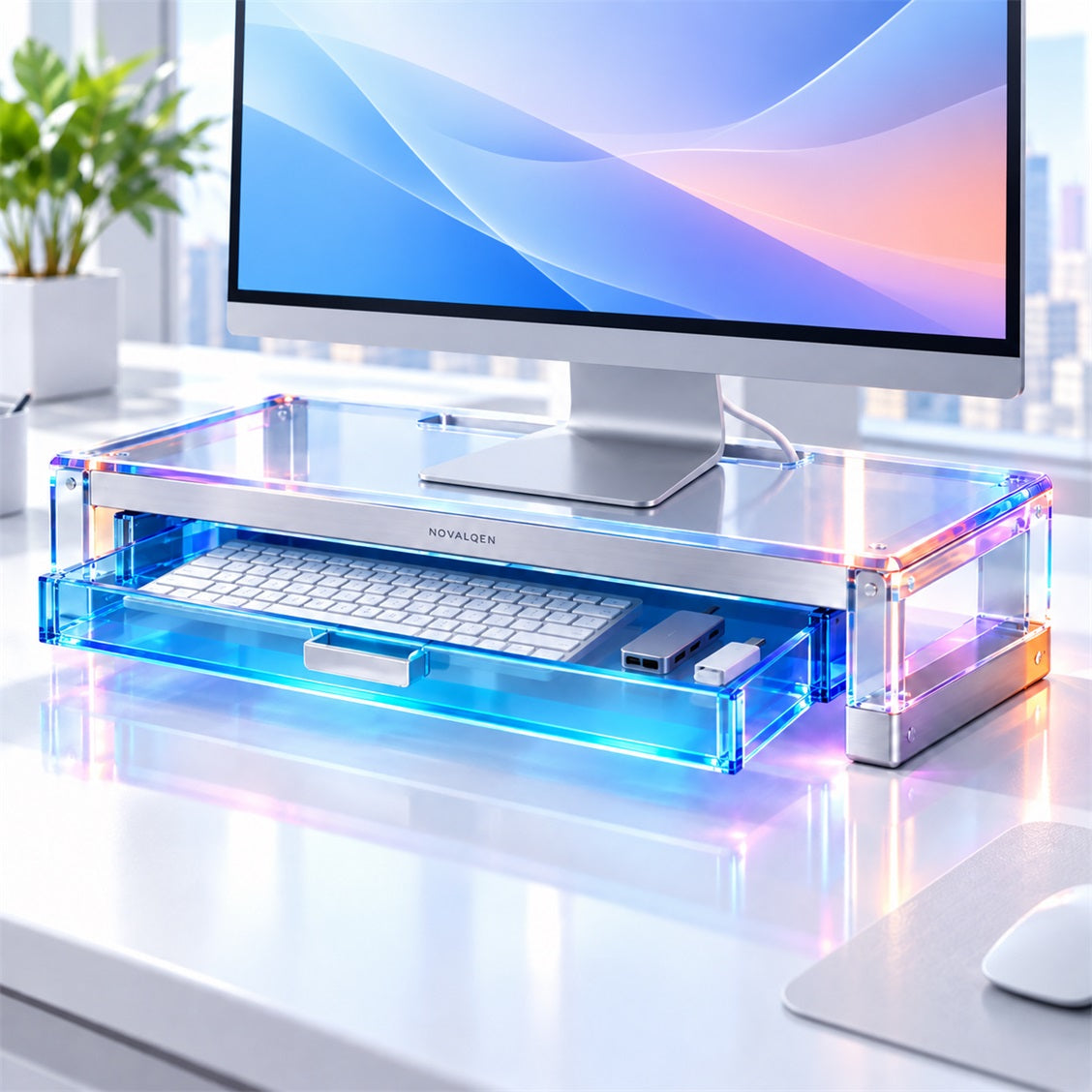 Novalqen monitor riser holding a desktop display and keyboard