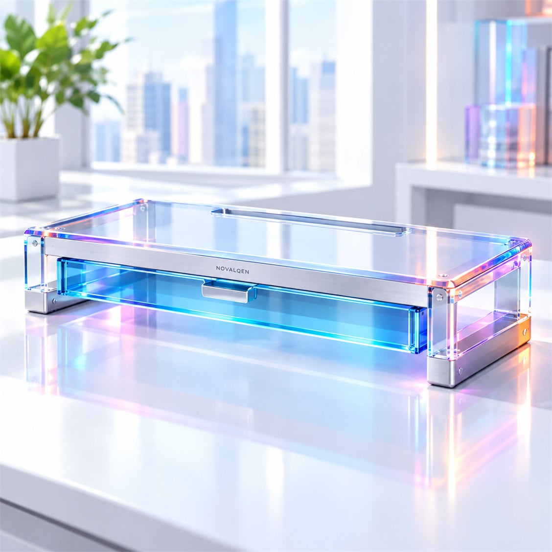 Novalqen clear monitor riser with blue storage drawer