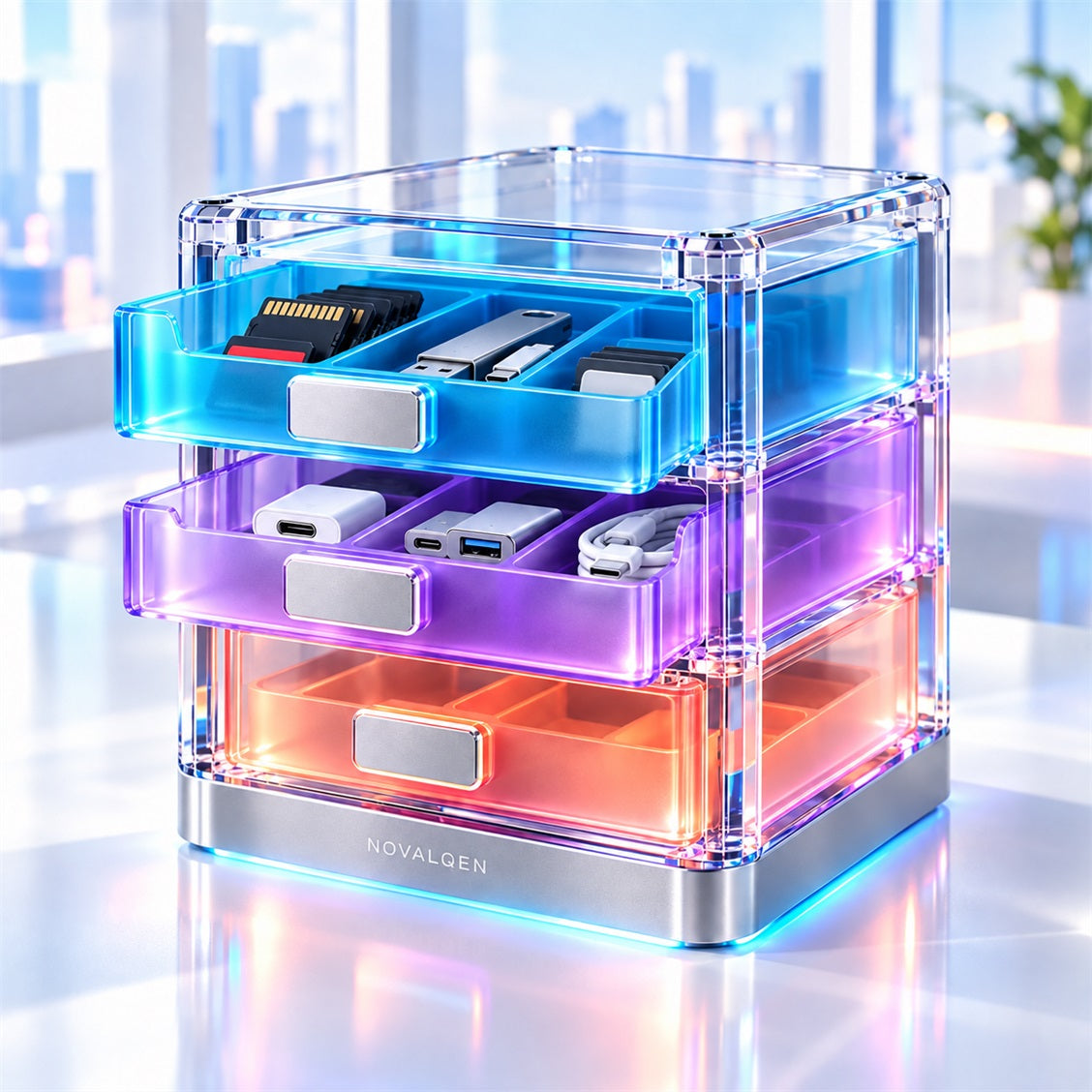 Novalqen three-tier organizer drawers open with small tech accessories