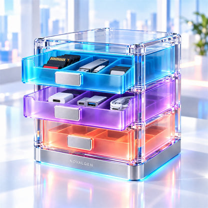 Novalqen three-tier organizer drawers open with small tech accessories