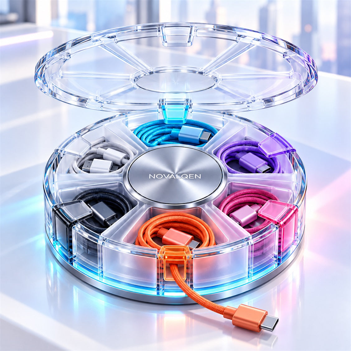 Novalqen round cable organizer with clear lid raised