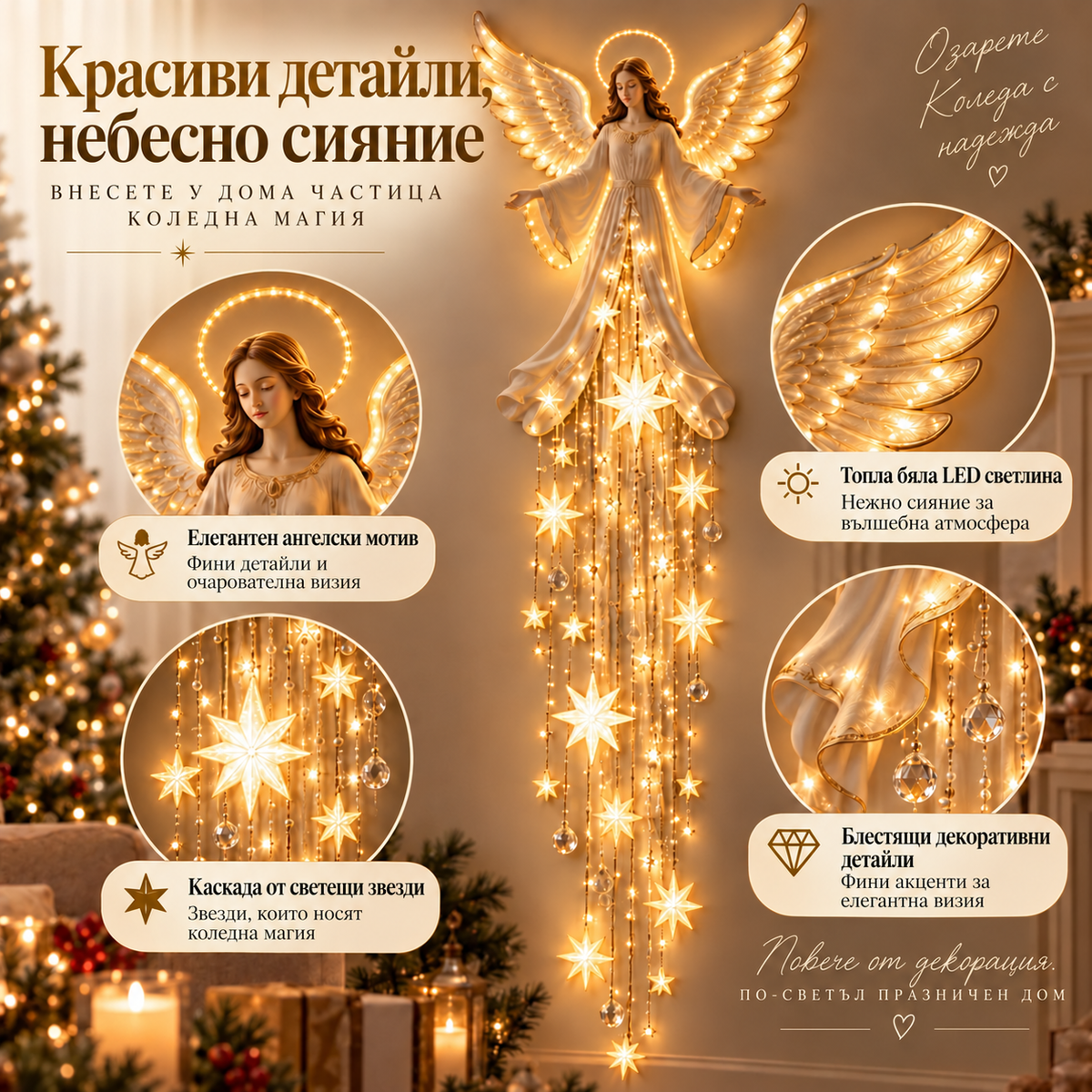 Детайли на светещата ангелска декорация