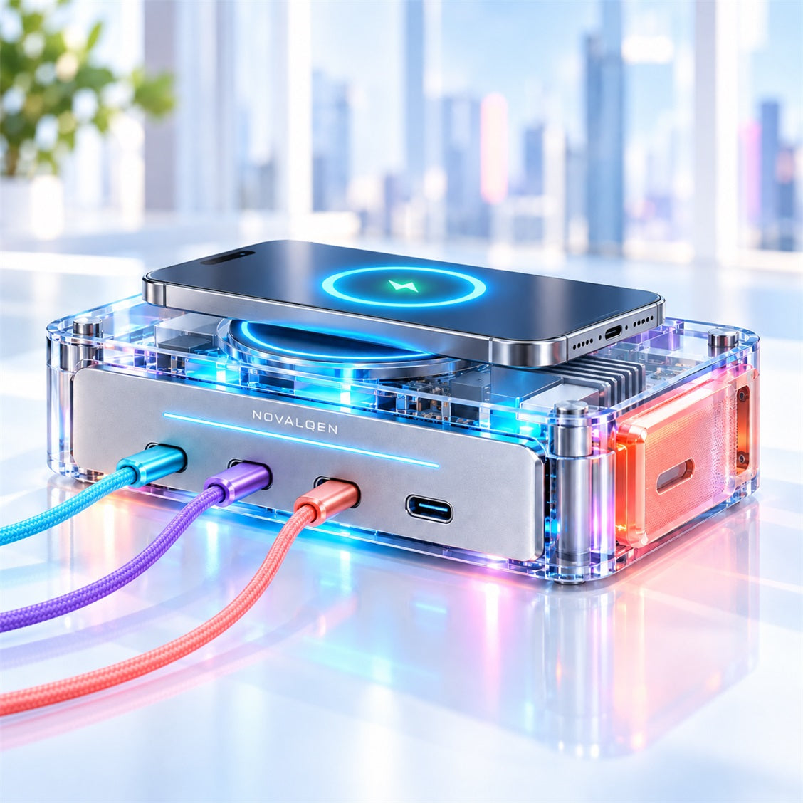 Novalqen charging hub shown with phone and connected cables