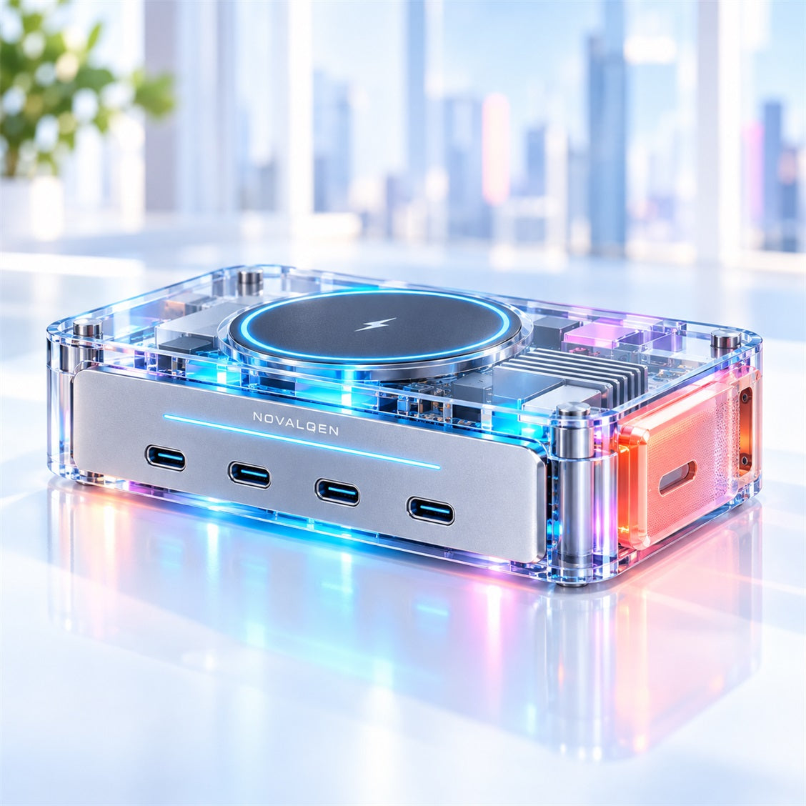 Novalqen multi-port desktop charging hub with top charging surface